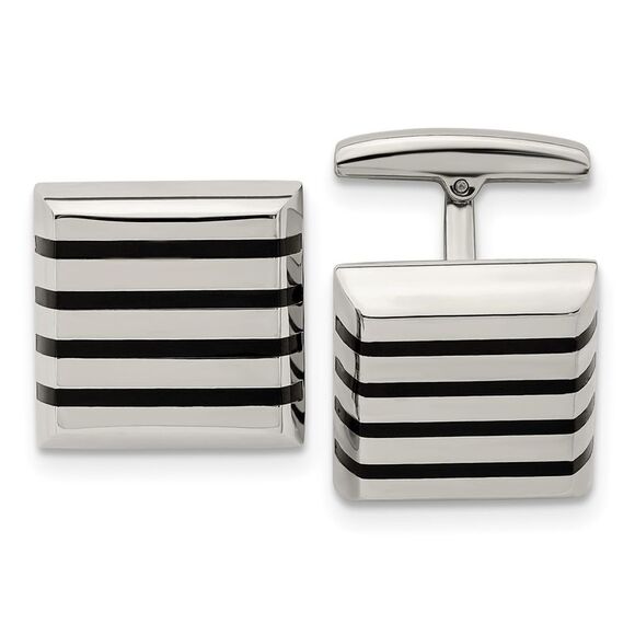 Stainless Steel & Black Rubber Striped Square Cuff Links, 17.5mm - Picture 1 of 3